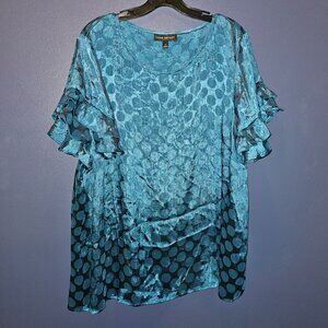 EUC, Lane Bryant, Teal Satin Dot Ruffle Sleeve Blouse, Sz 20